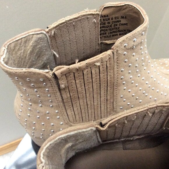 JUST FAB Stud Tan Booties Suede Feel Size 8 Slide On Boots 1 1/2 Heel - Picture 4 of 5
